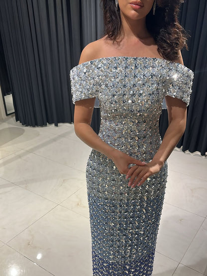 Luxury Ombre Blue Off Shoulder Sequined Beaded Mermaid Dress LA73897 SERENE HILL