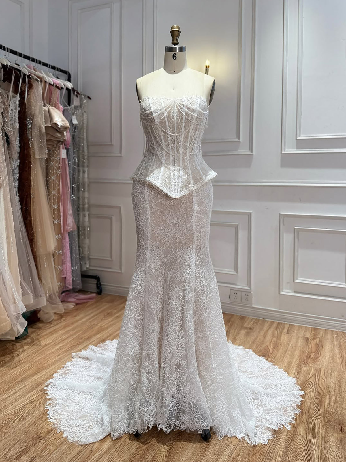 Luxury White Pearls Lace Beaded Mermaid Evening Dress LA73899