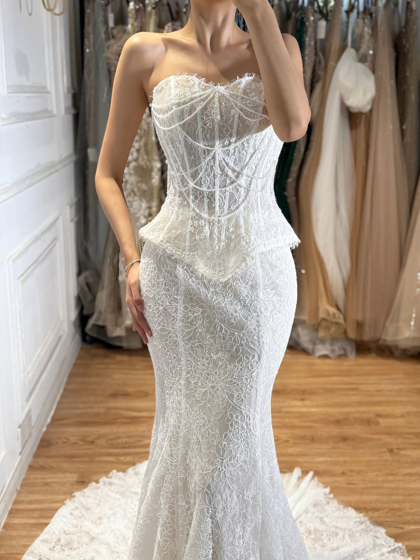 Luxury White Pearls Lace Beaded Mermaid Evening Dress LA73899 SERENE HILL