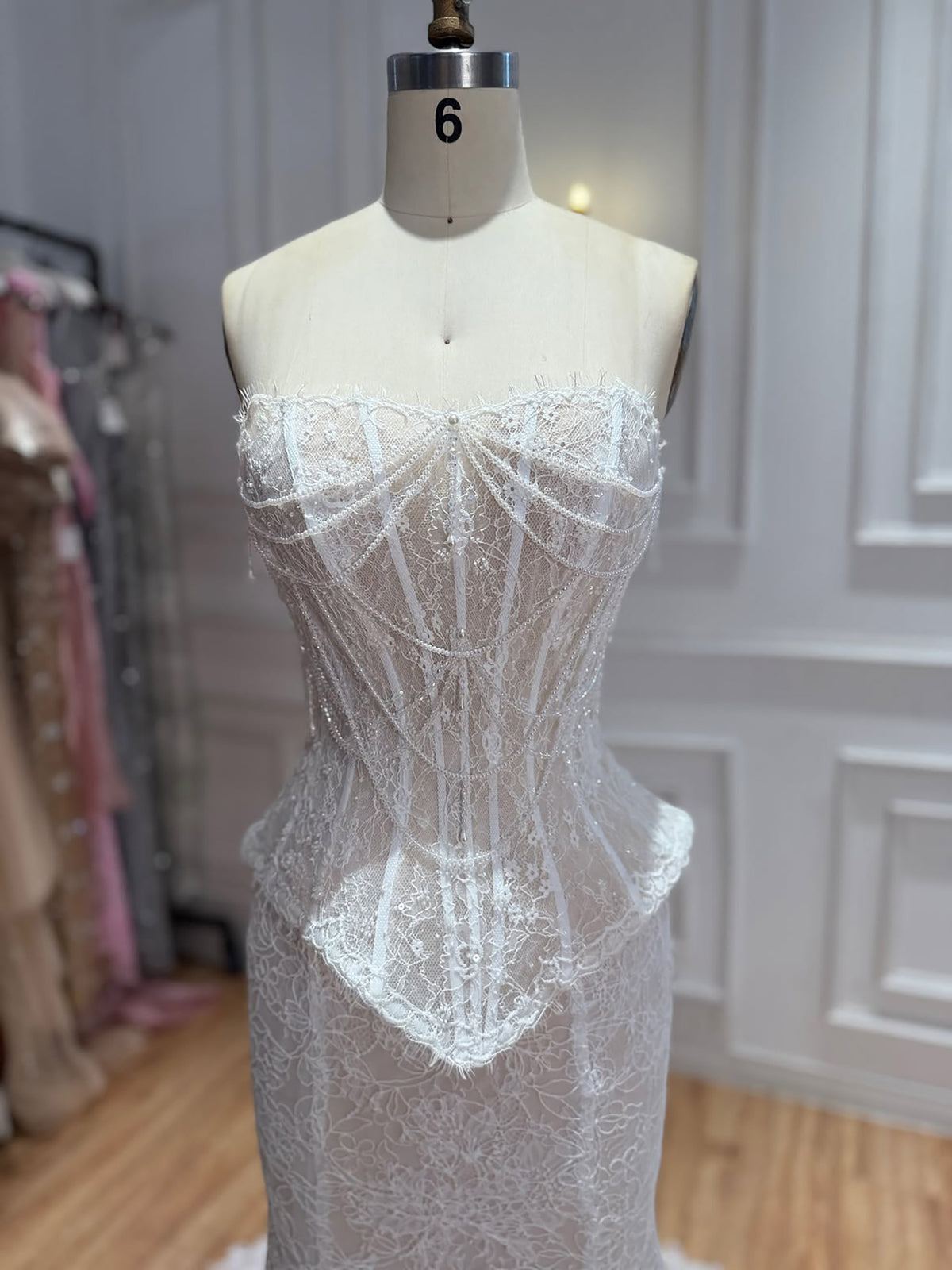 Luxury White Pearls Lace Beaded Mermaid Evening Dress LA73899