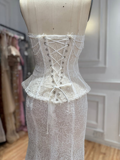 Luxury White Pearls Lace Beaded Mermaid Evening Dress LA73899
