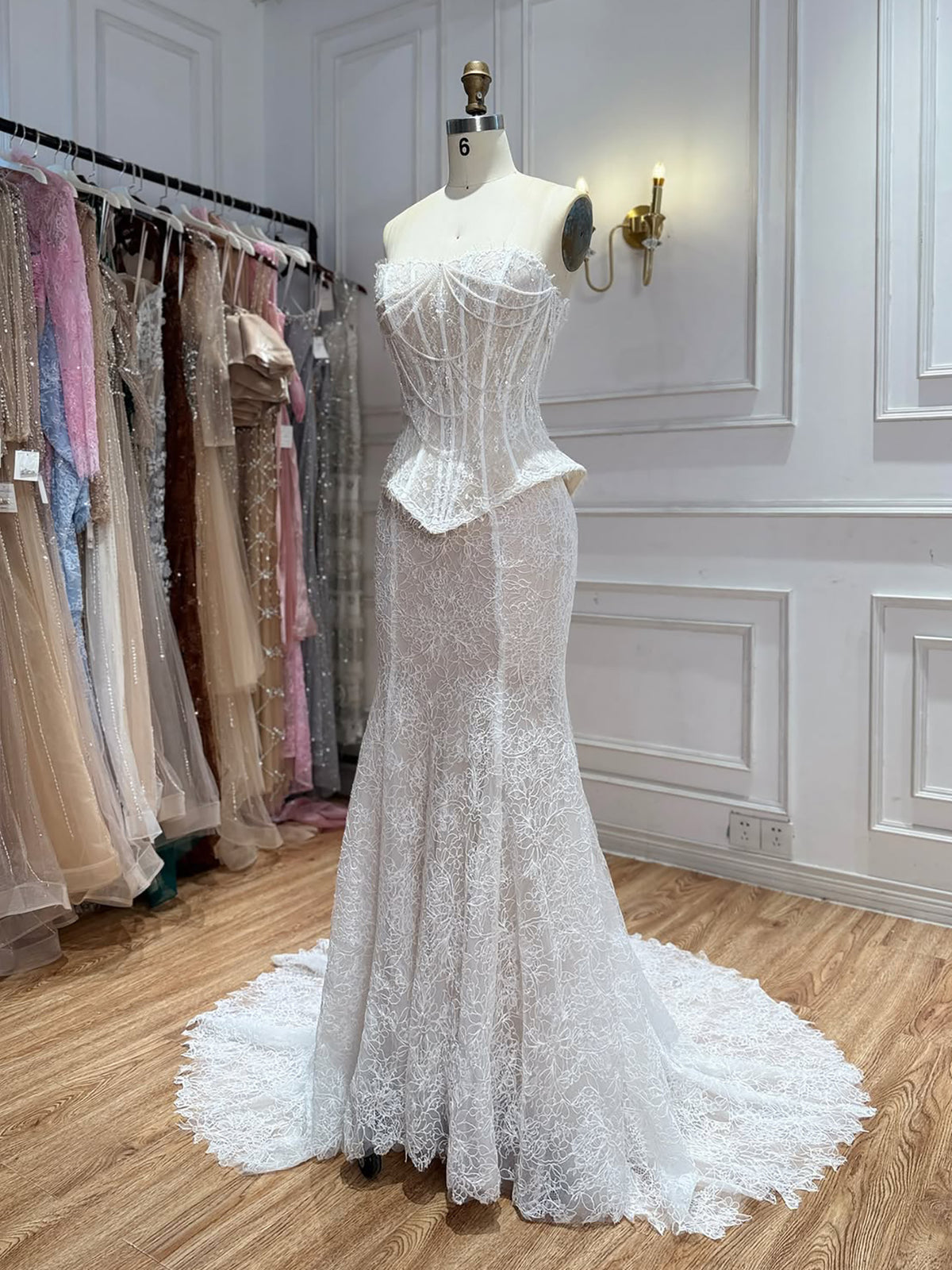 Luxury White Pearls Lace Beaded Mermaid Evening Dress LA73899