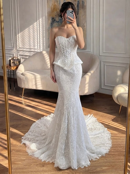Luxury White Pearls Lace Beaded Mermaid Evening Dress LA73899 SERENE HILL