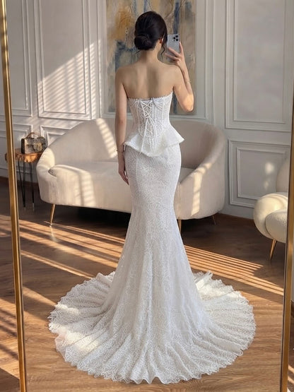Luxury White Pearls Lace Beaded Mermaid Evening Dress LA73899 SERENE HILL