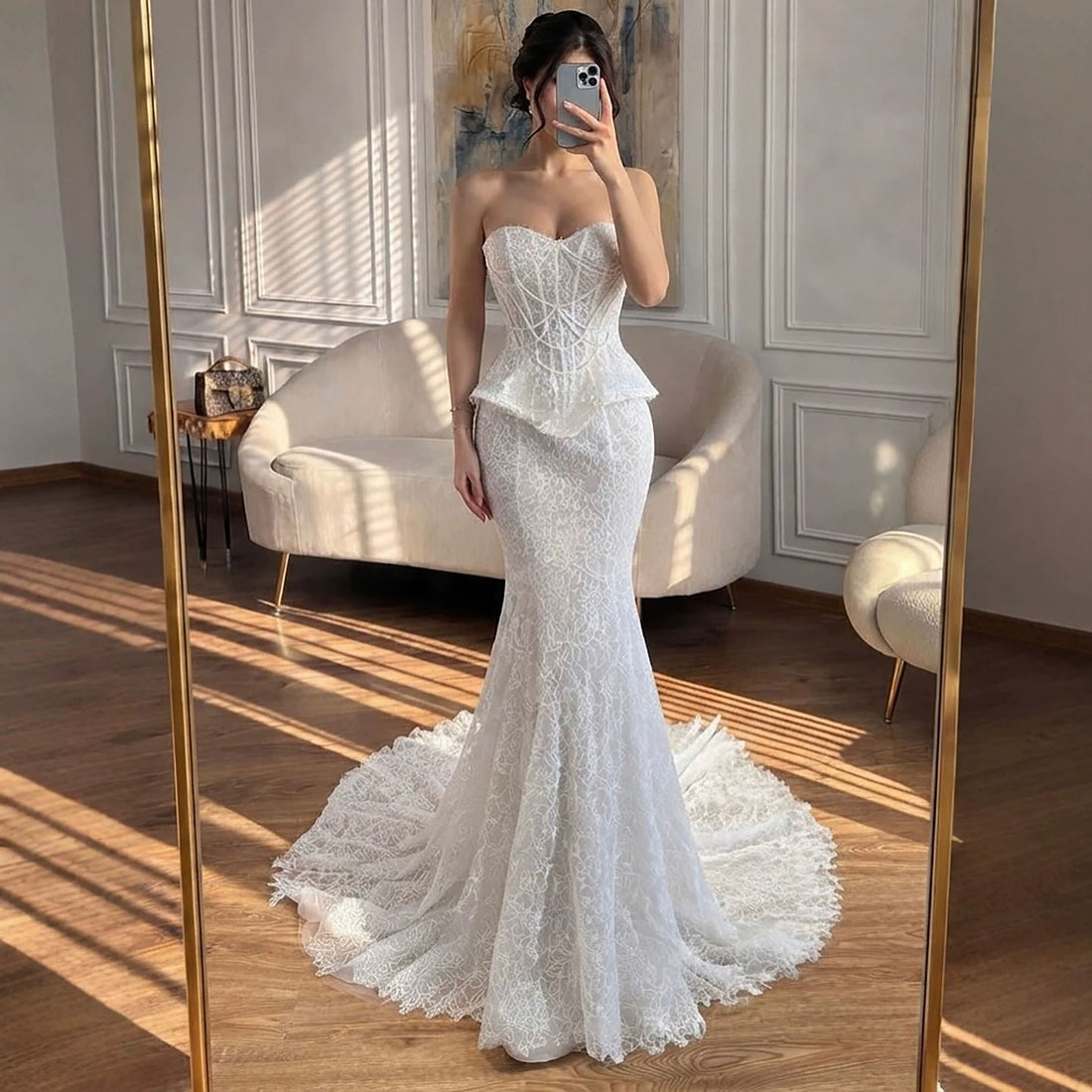 Luxury White Pearls Lace Beaded Mermaid Evening Dress LA73899 SERENE HILL