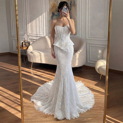 Luxury White Pearls Lace Beaded Mermaid Evening Dress LA73899 SERENE HILL