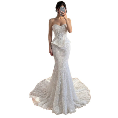 Luxury White Pearls Lace Beaded Mermaid Evening Dress LA73899 SERENE HILL