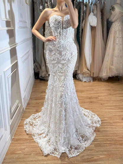 Luxury White Beaded Floral Lace Appliques Mermaid Wedding Dress LA73900 SERENE HILL