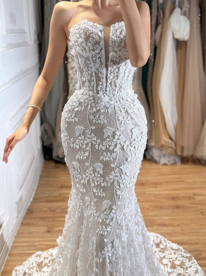 Luxury White Beaded Floral Lace Appliques Mermaid Wedding Dress LA73900 SERENE HILL