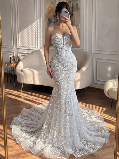 Luxury White Beaded Floral Lace Appliques Mermaid Wedding Dress LA73900 SERENE HILL
