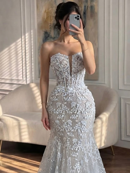 Luxury White Beaded Floral Lace Appliques Mermaid Wedding Dress LA73900 SERENE HILL