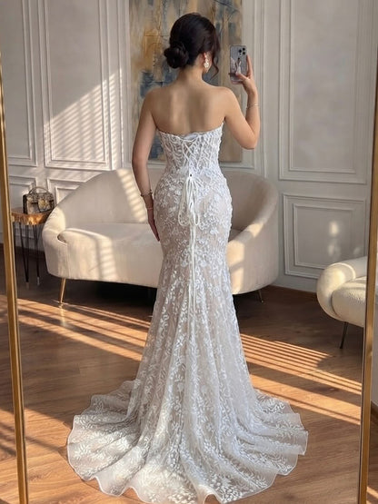 Luxury White Beaded Floral Lace Appliques Mermaid Wedding Dress LA73900 SERENE HILL