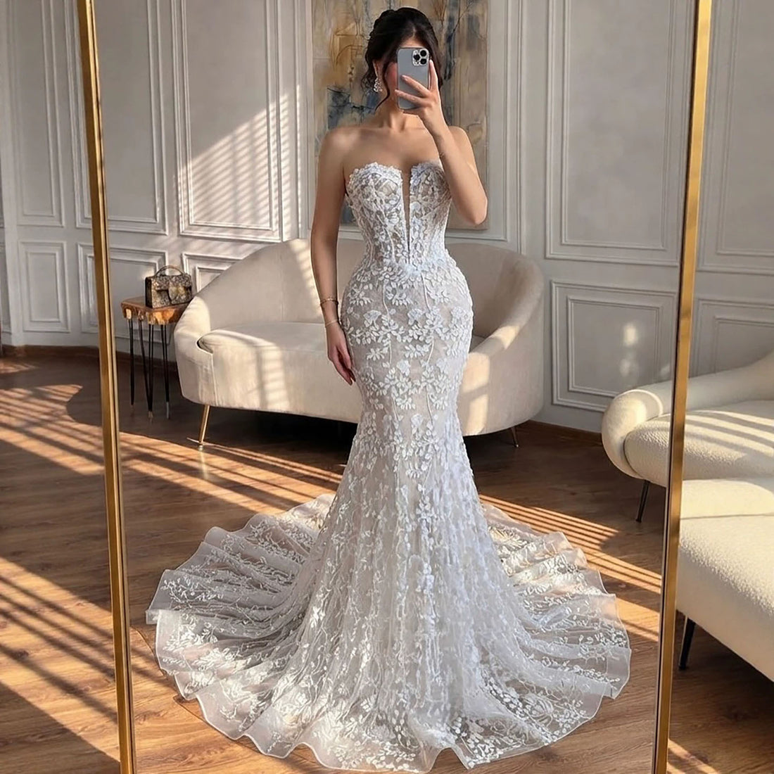 Luxury White Beaded Floral Lace Appliques Mermaid Wedding Dress LA73900 SERENE HILL