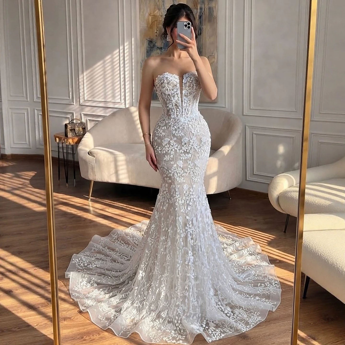 Luxury White Beaded Floral Lace Appliques Mermaid Wedding Dress LA73900 SERENE HILL