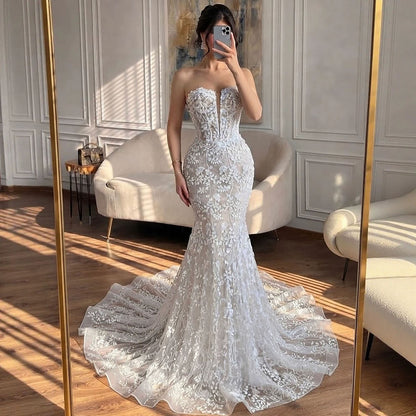 Luxury White Beaded Floral Lace Appliques Mermaid Wedding Dress LA73900 SERENE HILL