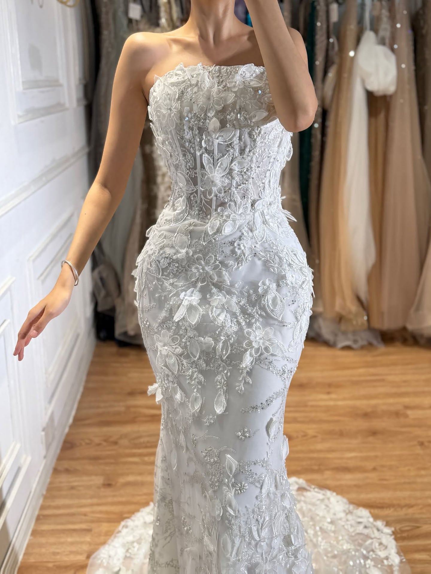 Luxury White 3D Floral Lace Strapless Mermaid Wedding Dress LA73901 SERENE HILL