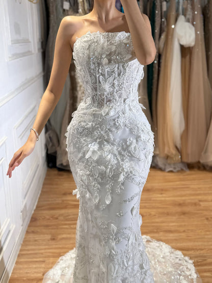 Luxury White 3D Floral Lace Strapless Mermaid Wedding Dress LA73901 SERENE HILL