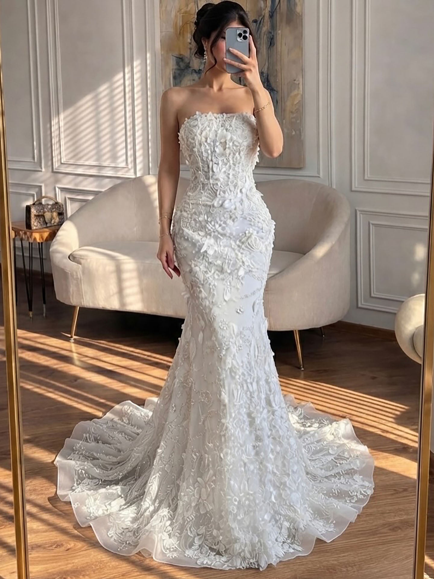 Luxury White 3D Floral Lace Strapless Mermaid Wedding Dress LA73901 SERENE HILL