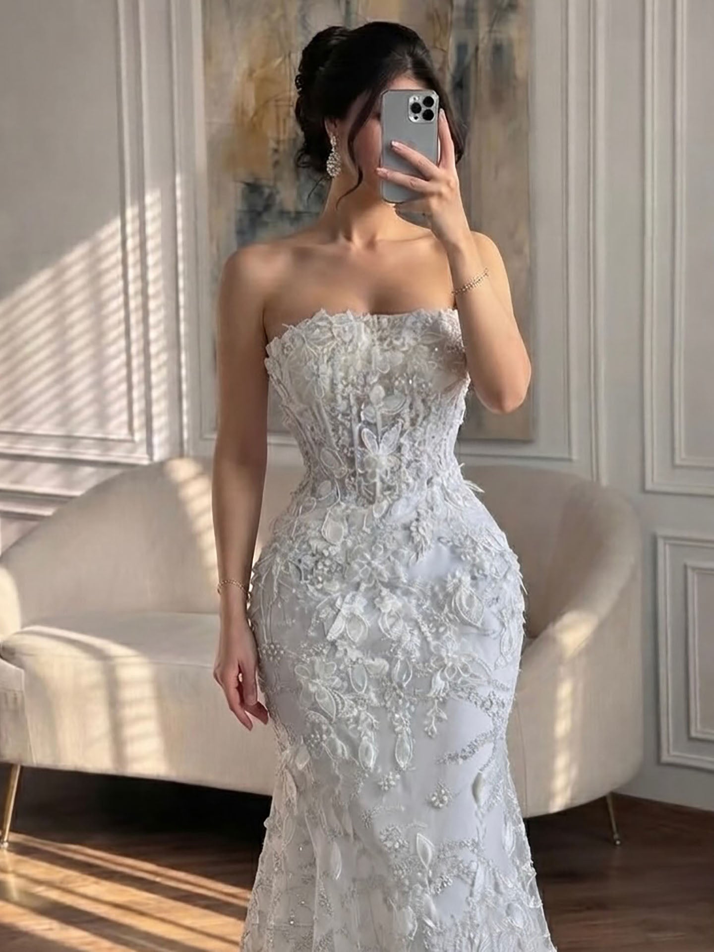Luxury White 3D Floral Lace Strapless Mermaid Wedding Dress LA73901 SERENE HILL