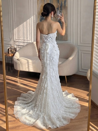 Luxury White 3D Floral Lace Strapless Mermaid Wedding Dress LA73901 SERENE HILL