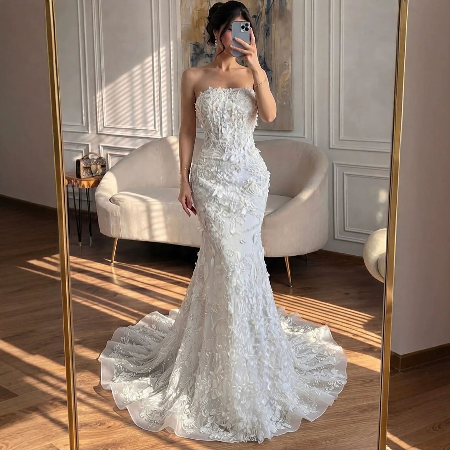 Luxury White 3D Floral Lace Strapless Mermaid Wedding Dress LA73901 SERENE HILL