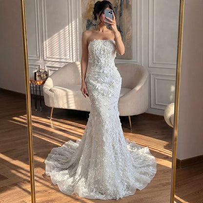 Luxury White 3D Floral Lace Strapless Mermaid Wedding Dress LA73901 SERENE HILL