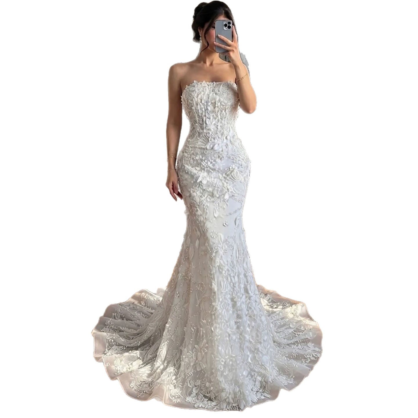 Luxury White 3D Floral Lace Strapless Mermaid Wedding Dress LA73901 SERENE HILL