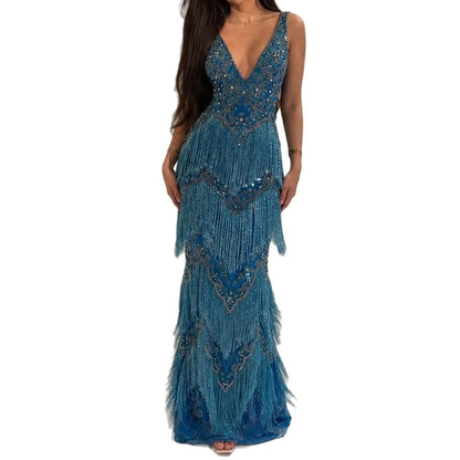 Luxury Blue Deep V Neck Beaded Tassel Mermaid Evening Dress LA73902 SERENE HILL