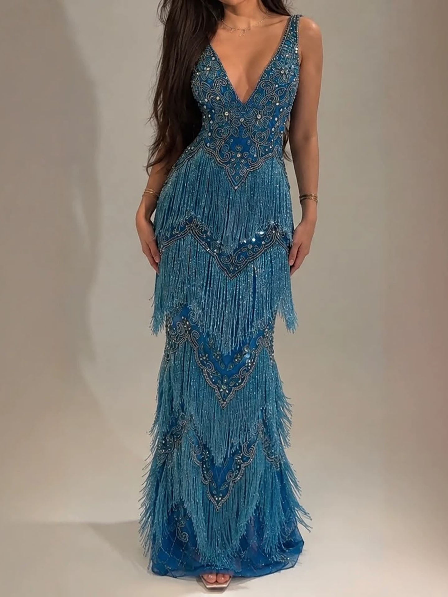 Luxury Blue Deep V Neck Beaded Tassel Mermaid Evening Dress LA73902 SERENE HILL