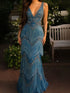 Luxury Blue Deep V Neck Beaded Tassel Mermaid Evening Dress LA73902 SERENE HILL