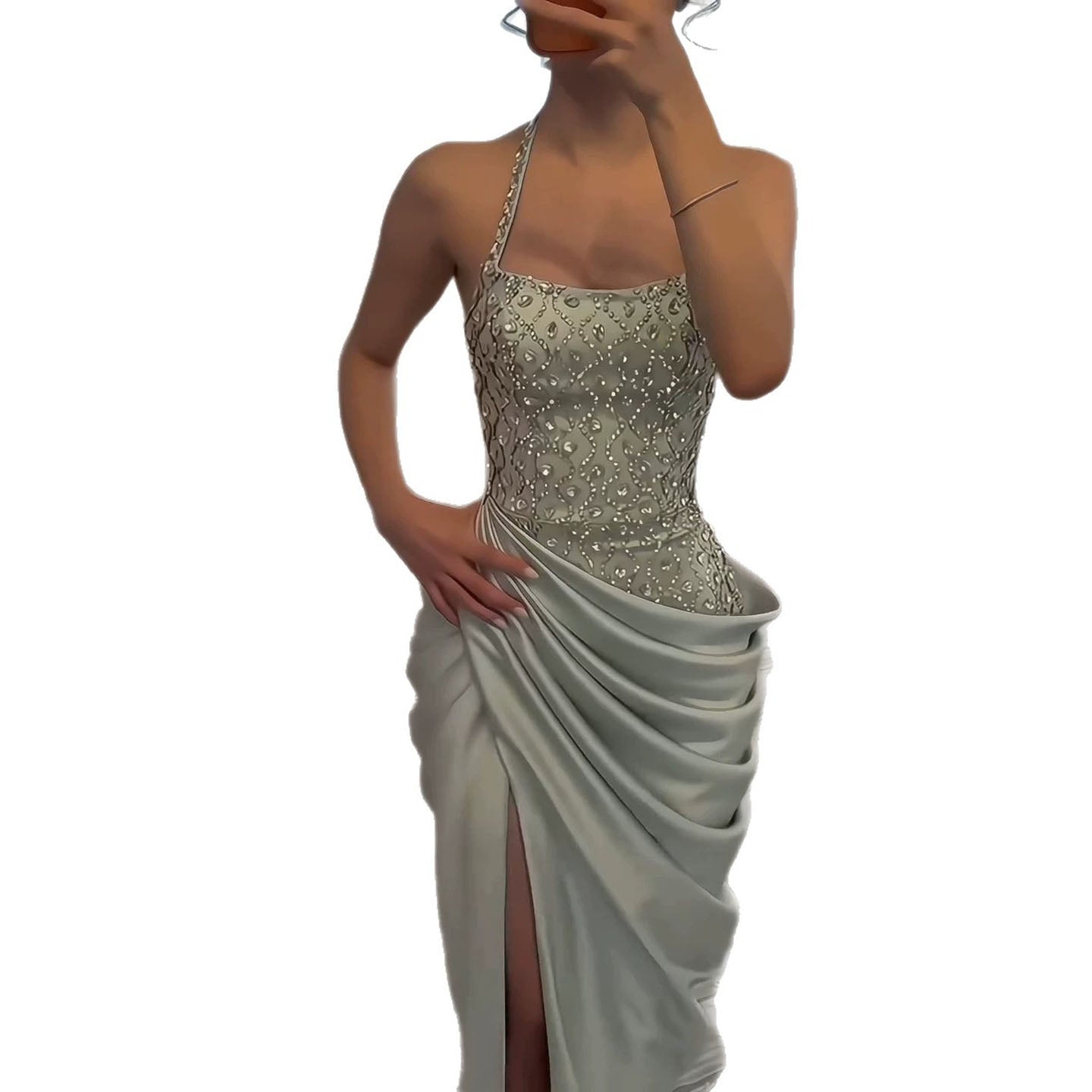 Luxury Sage Green Halter Crystal Beaded High Slit Evening Dress LA73904 SERENE HILL