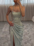 Luxury Sage Green Halter Crystal Beaded High Slit Evening Dress LA73904 SERENE HILL