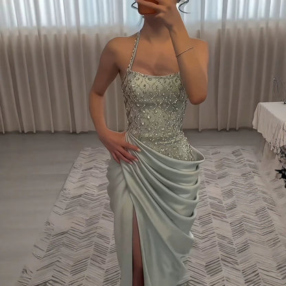Luxury Sage Green Halter Crystal Beaded High Slit Evening Dress LA73904 SERENE HILL