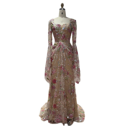 Luxury Modest Pink Floral Embroidered Bell Sleeves Mermaid Dress LA73905