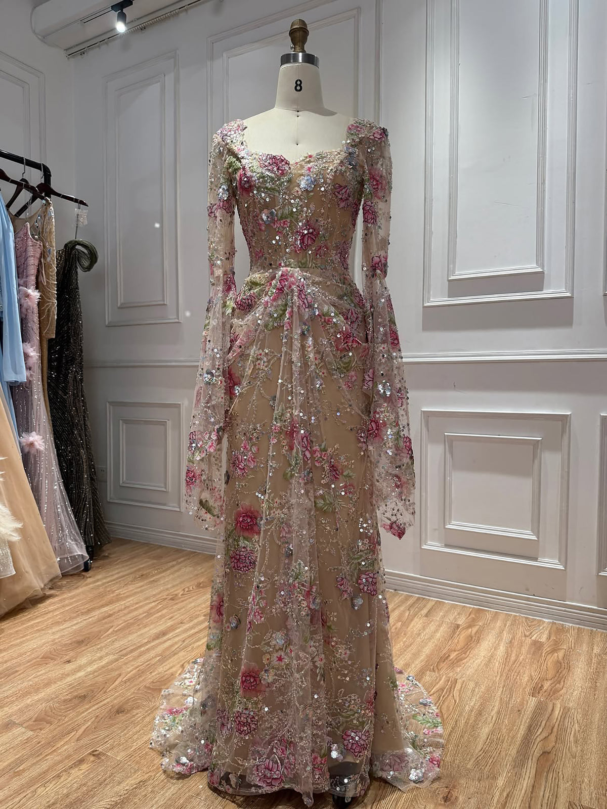 Luxury Modest Pink Floral Embroidered Bell Sleeves Mermaid Dress LA73905