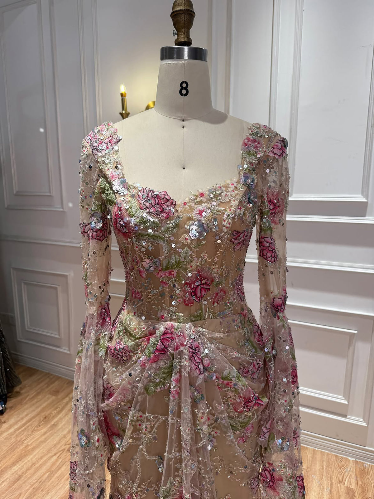 Luxury Modest Pink Floral Embroidered Bell Sleeves Mermaid Dress LA73905