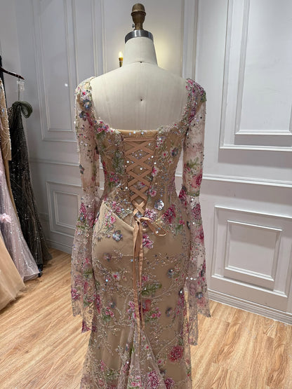 Luxury Modest Pink Floral Embroidered Bell Sleeves Mermaid Dress LA73905