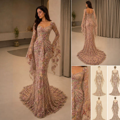 Luxury Pink Floral Embroidered Bell Sleeves Mermaid Dress LA73905 SERENE HILL