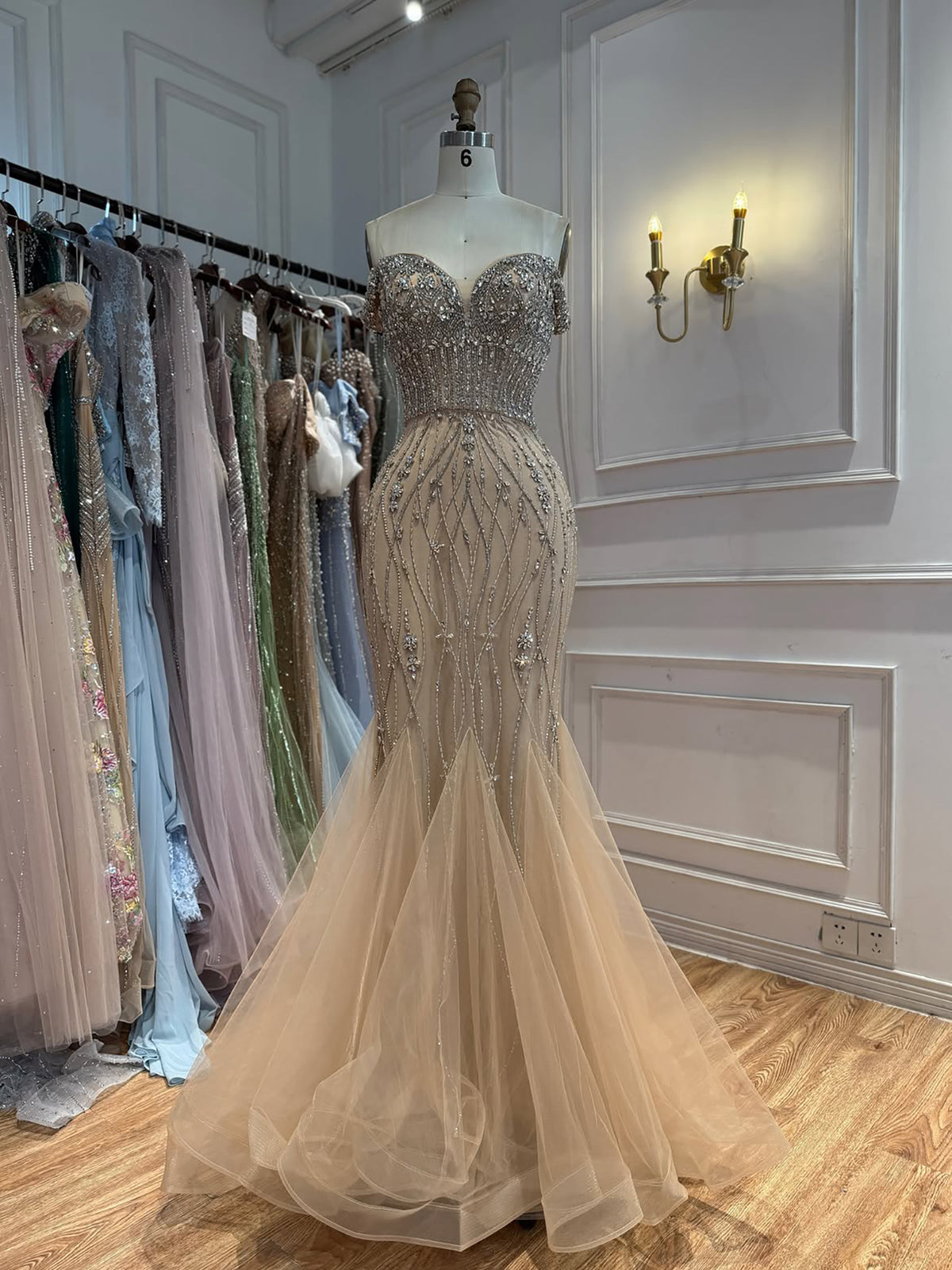 Luxury Nude Crystal Beaded Off Shoulder Mermaid Dress LA73906
