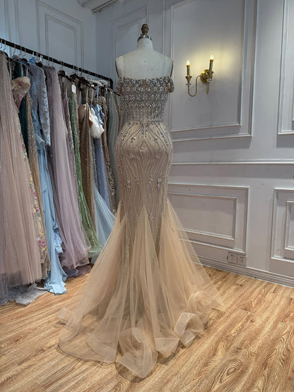 Luxury Nude Crystal Beaded Off Shoulder Mermaid Dress LA73906