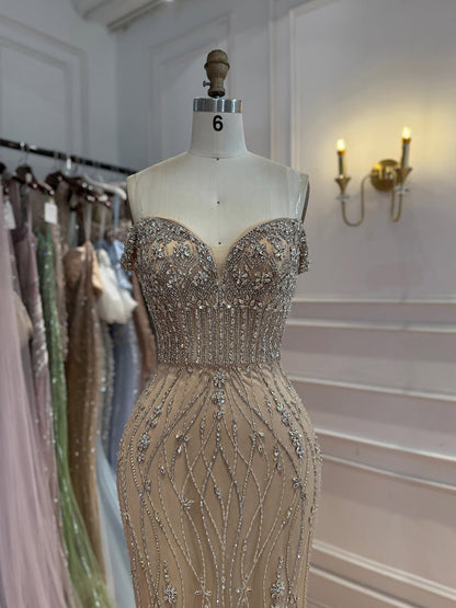 Luxury Nude Crystal Beaded Off Shoulder Mermaid Dress LA73906