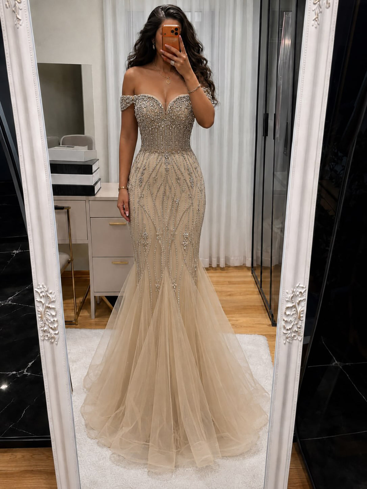 Luxury Nude Crystal Beaded Off Shoulder Mermaid Dress LA73906
