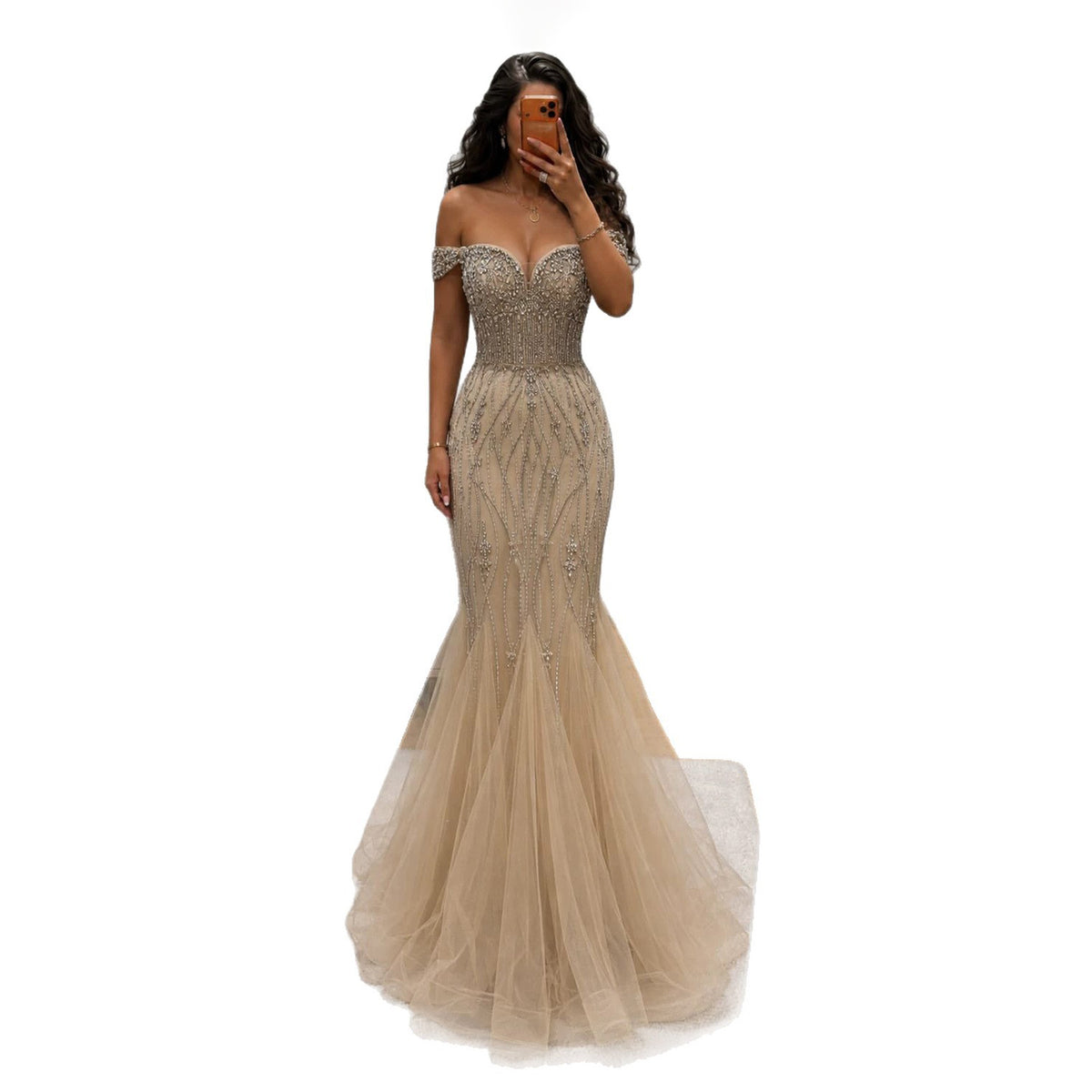 Luxury Nude Crystal Beaded Off Shoulder Mermaid Dress LA73906