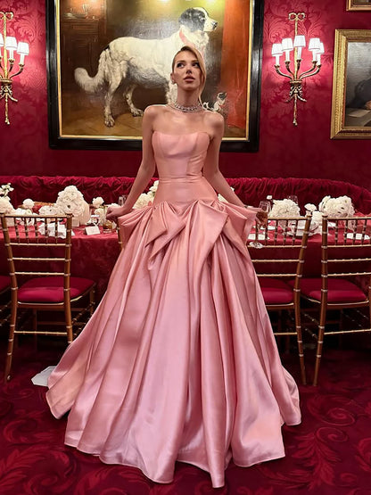 Luxury Pink Strapless Draped Satin A Line Evening Dress LA73907 SERENE HILL
