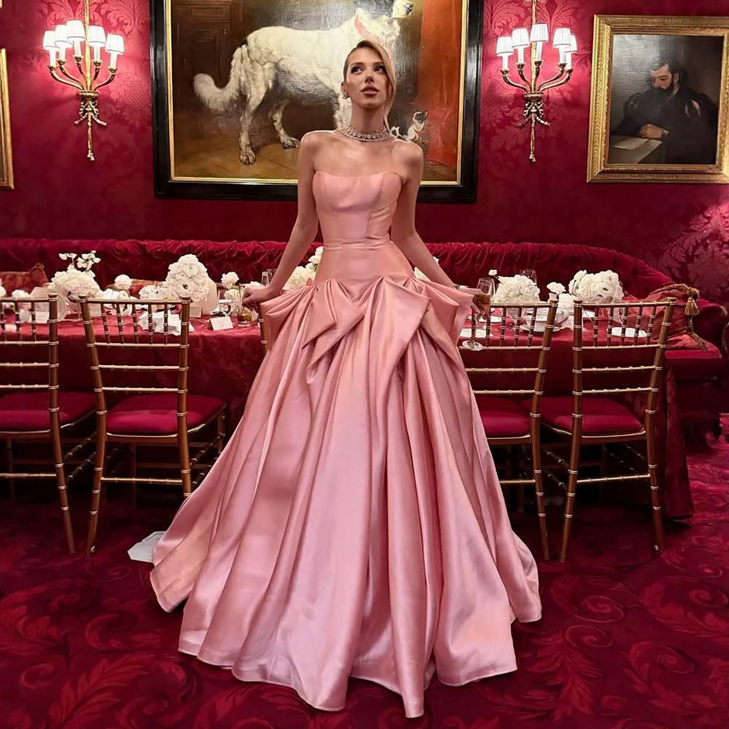 Luxury Pink Strapless Draped Satin A Line Evening Dress LA73907 SERENE HILL