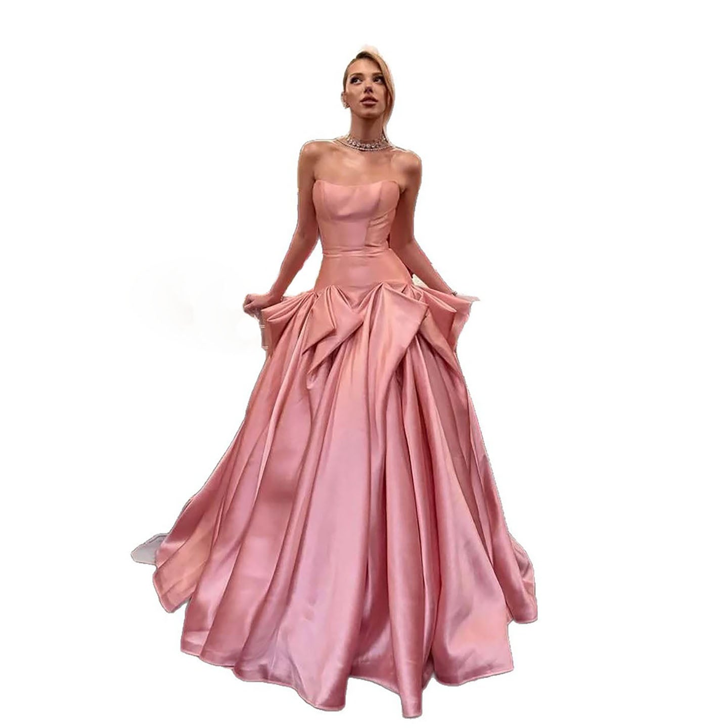 Luxury Pink Strapless Draped Satin A Line Evening Dress LA73907 SERENE HILL