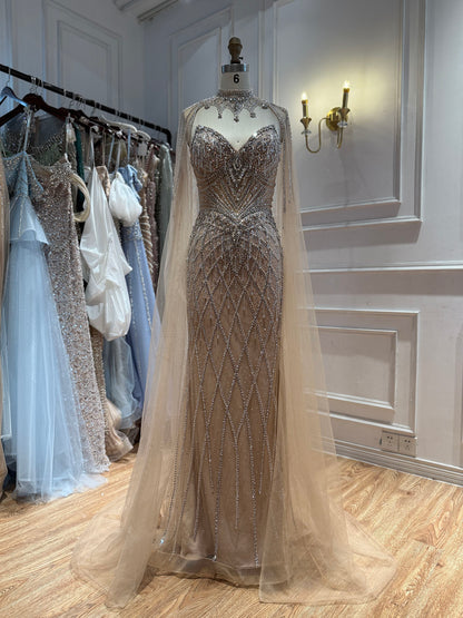 Luxury Nude High Neck Crystal Beaded Cape Sleeves Mermaid Dress LA73908 SERENE HILL