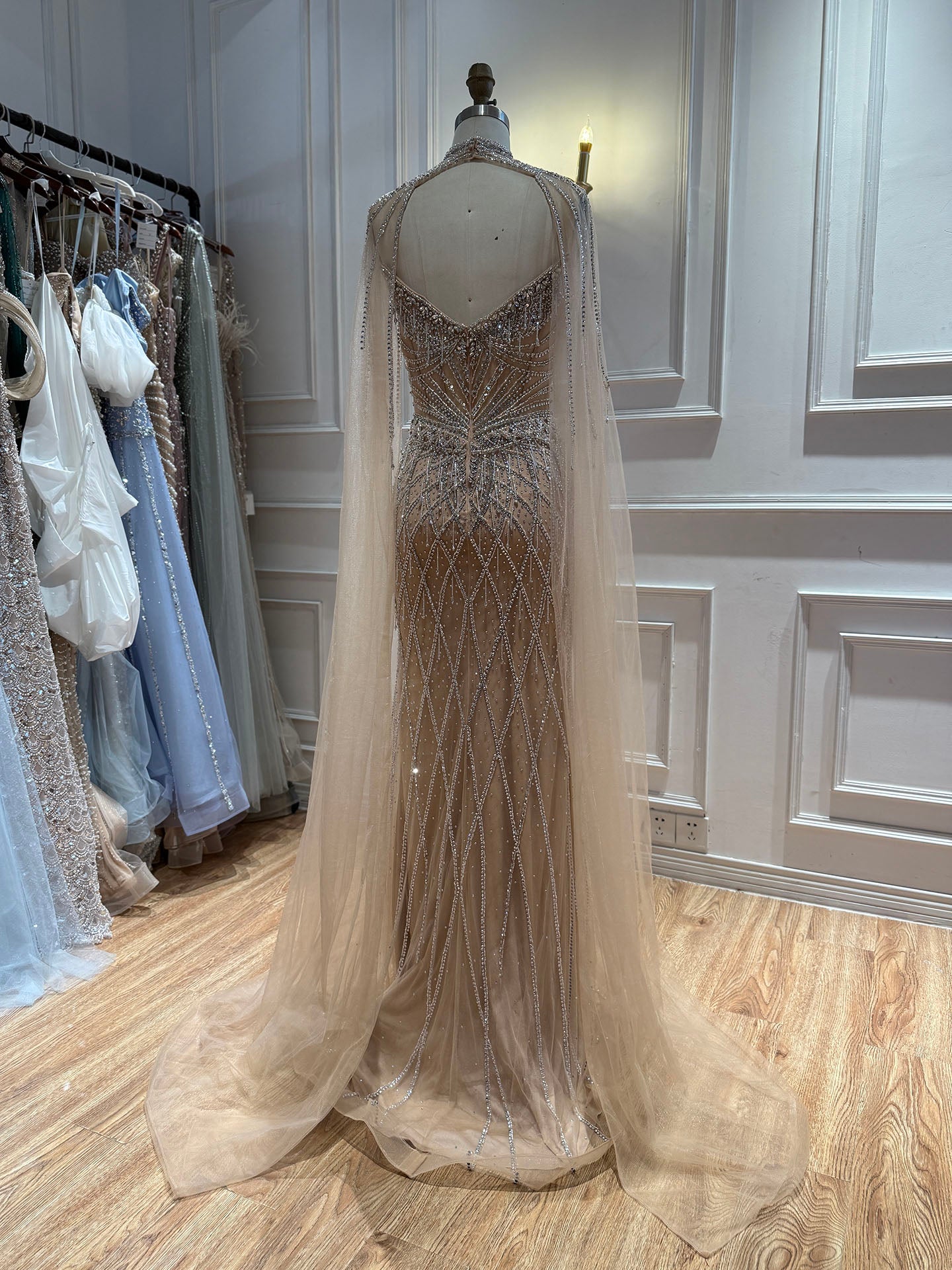 Luxury Nude High Neck Crystal Beaded Cape Sleeves Mermaid Dress LA73908 SERENE HILL
