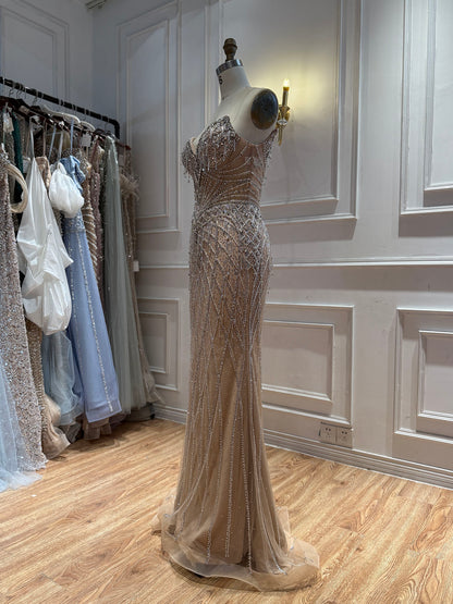 Luxury Nude High Neck Crystal Beaded Cape Sleeves Mermaid Dress LA73908 SERENE HILL