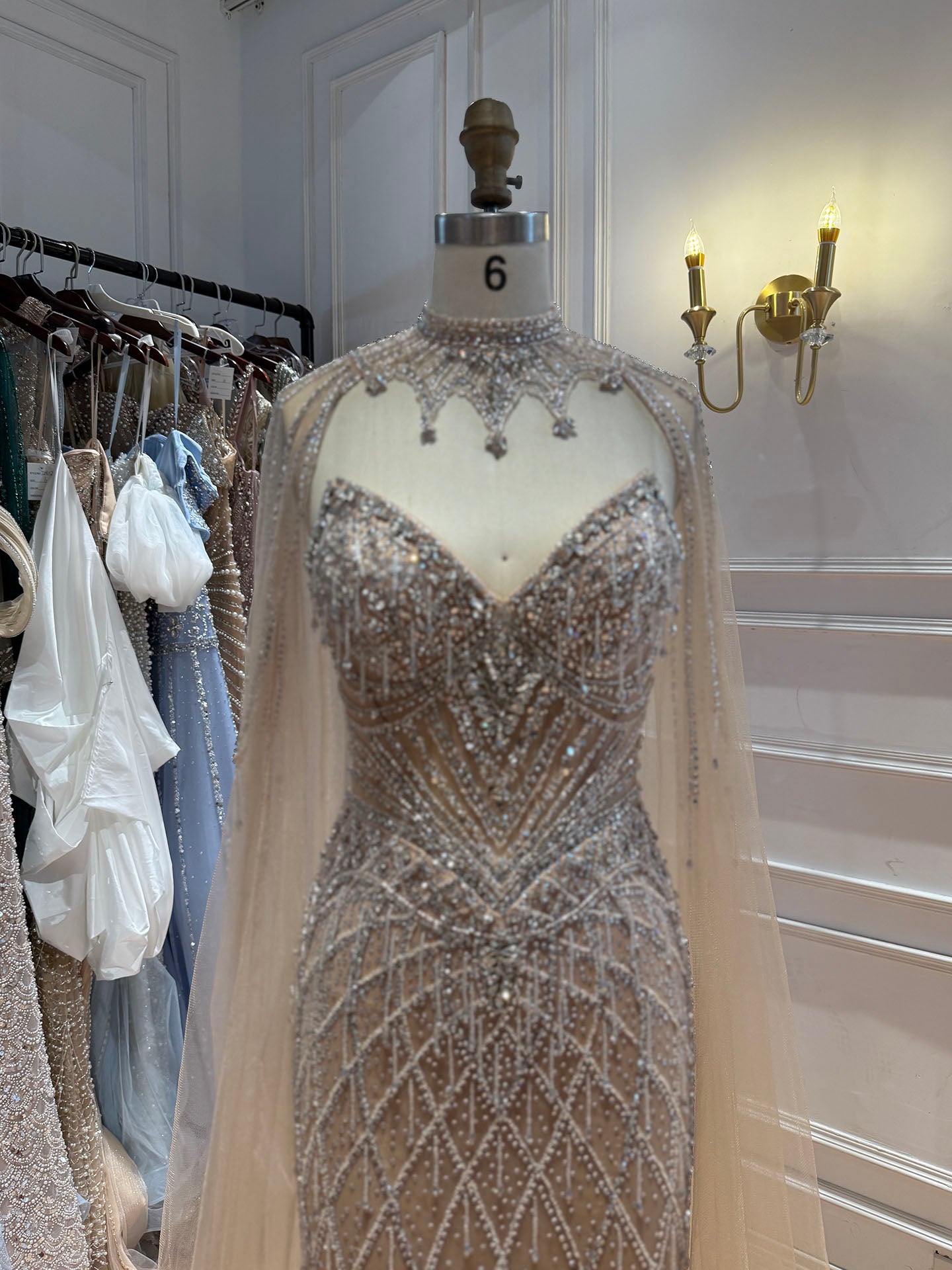 Luxury Nude High Neck Crystal Beaded Cape Sleeves Mermaid Dress LA73908 SERENE HILL